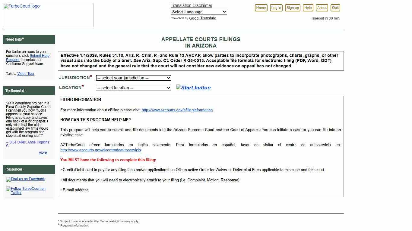 TurboCourt - Legal Paperwork Assistance - Select filing location in Arizona - Appellate Courts Filings