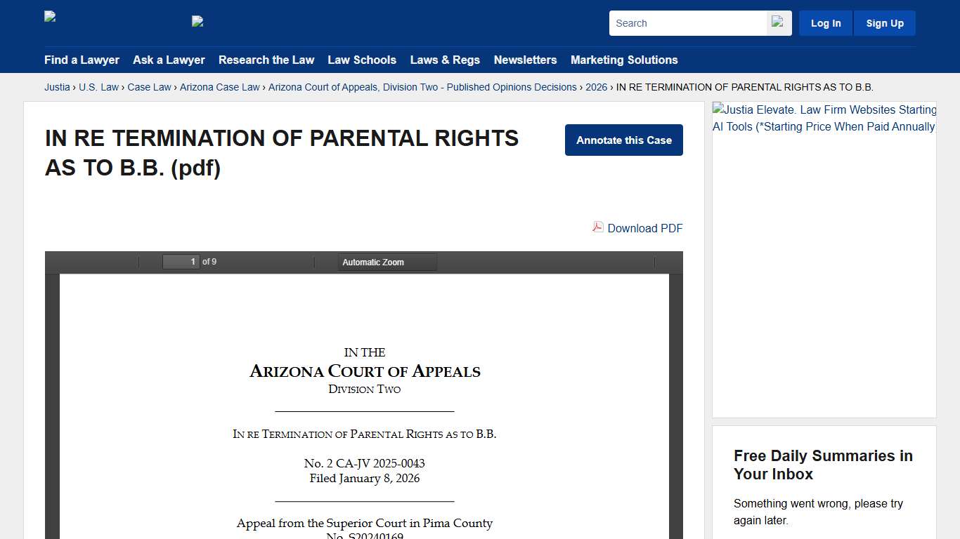 IN RE TERMINATION OF PARENTAL RIGHTS AS TO B.B. :: 2026 :: Arizona Court of Appeals, Division Two - Published Opinions Decisions :: Arizona Case Law :: Arizona Law :: U.S. Law :: Justia