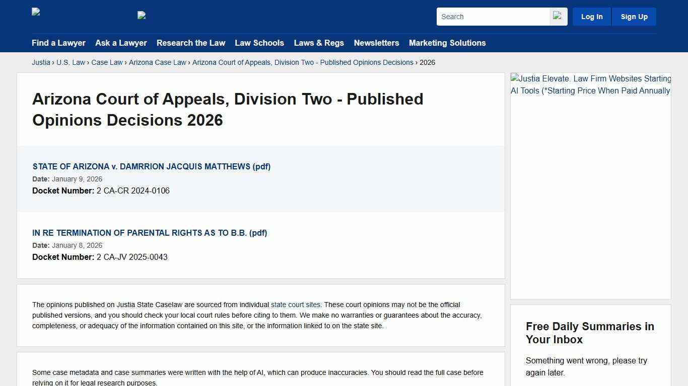 2026 :: Arizona Court of Appeals, Division Two - Published Opinions Decisions :: Arizona Case Law :: Arizona Law :: U.S. Law :: Justia