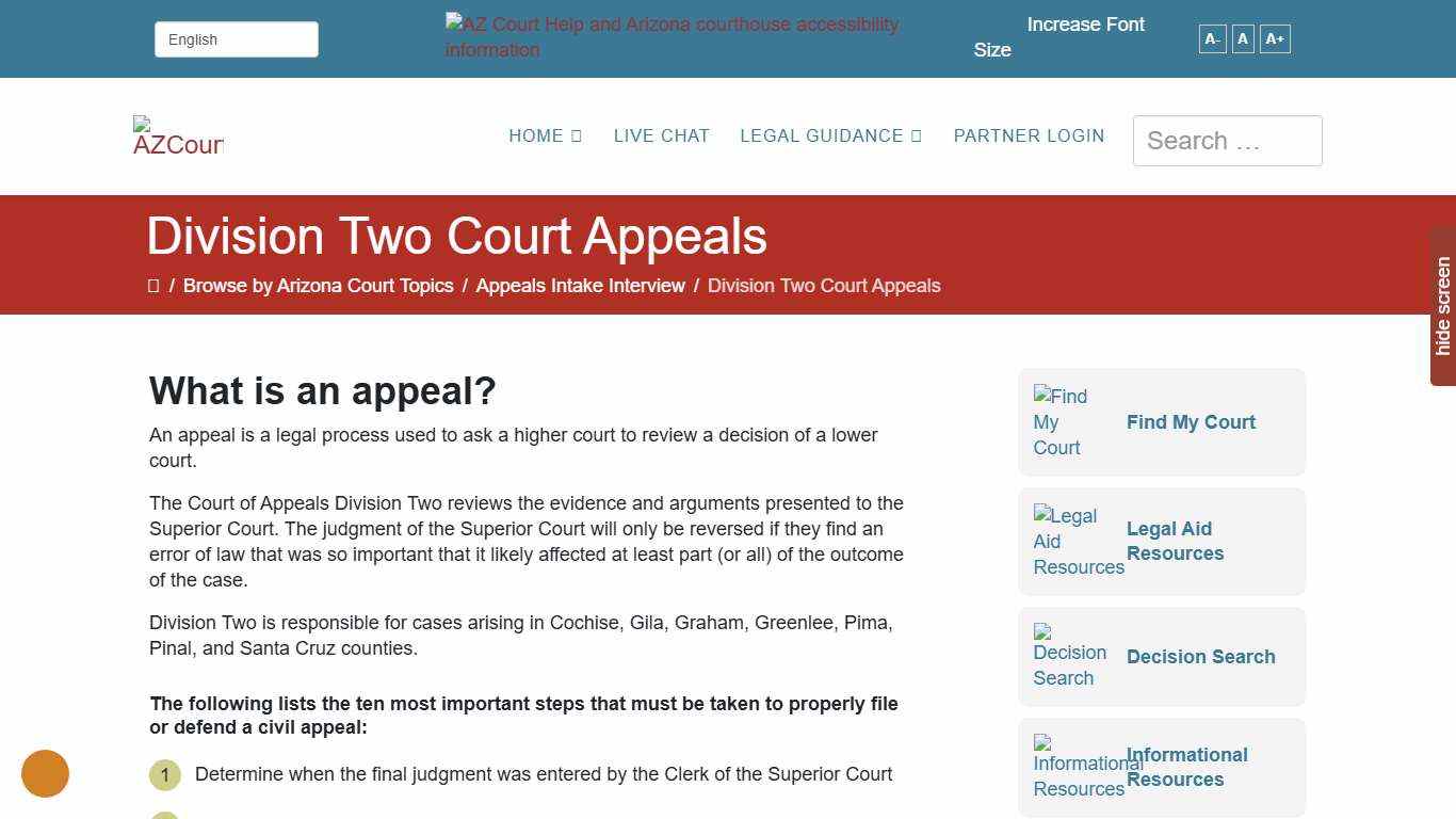 Information for the Division Two Court Appeals in Southern Arizona
